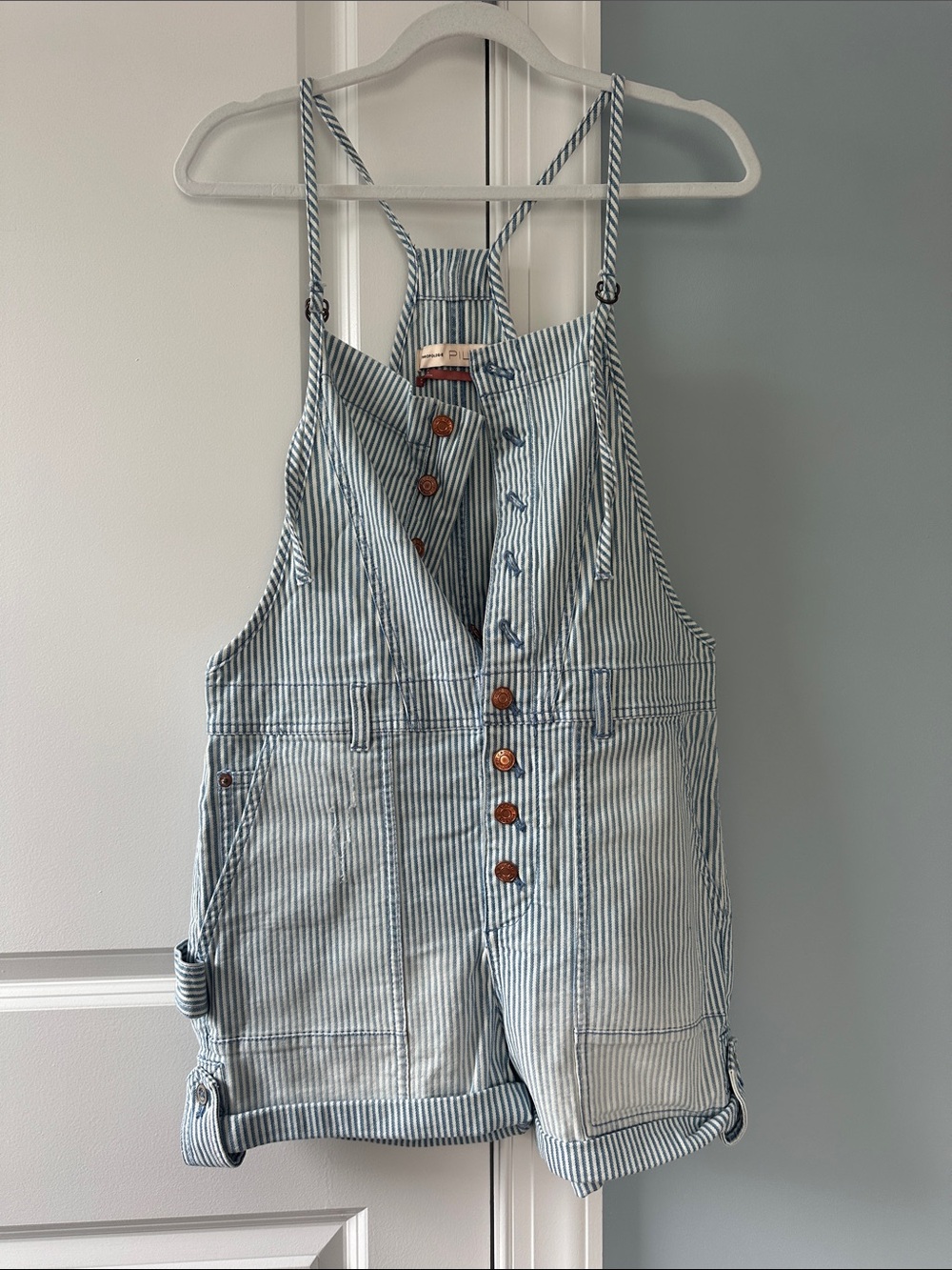 NWOT Anthropologie Pilcro Blue & White Striped Overalls shorts Size 28